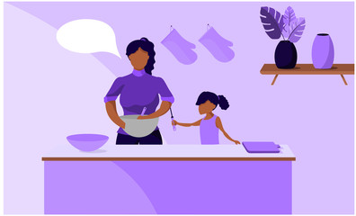 Vector mother and her daughter cooking in the kitchen. Quarantine illustration.