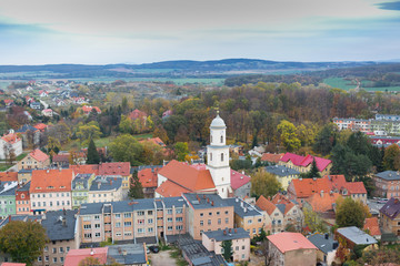 Polska, Dolny Śląsk, Bolków, widok na fragment miasta z góry, z lotu ptaka © Joanna