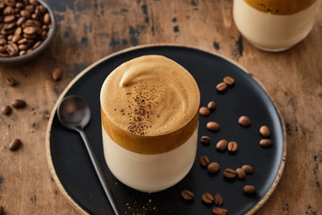 Dalgona coffee or whipped instant coffee. Dalgon coffee is a trendy drink from Korea. New popular food and drink trend.