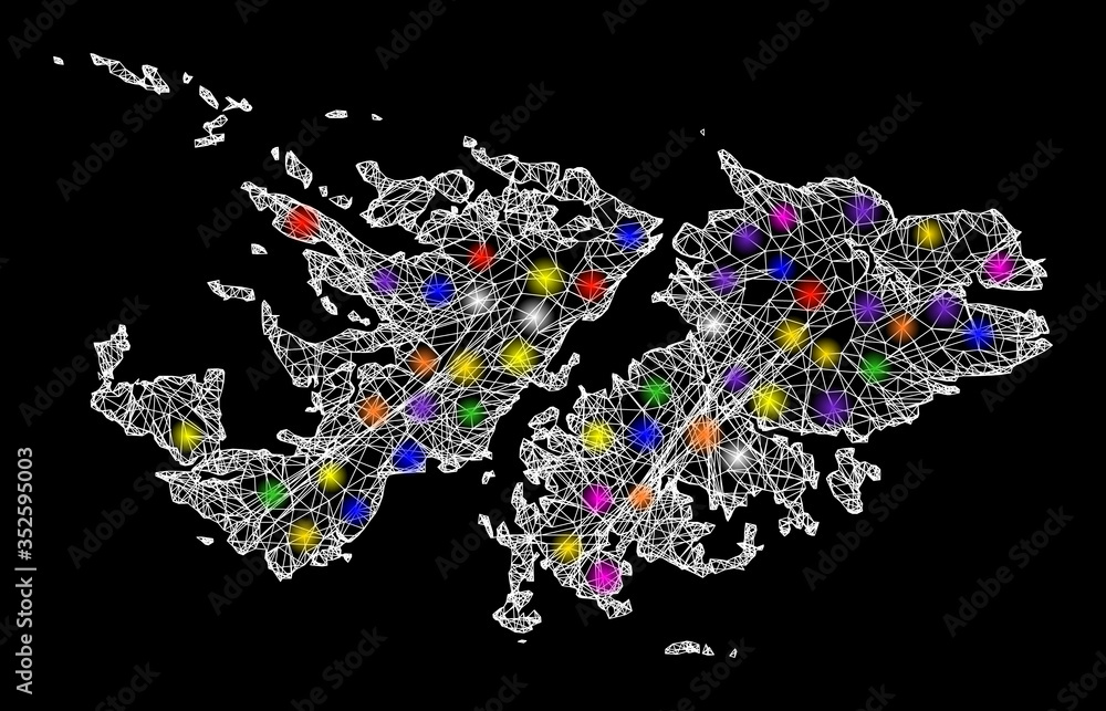 Poster web mesh vector map of falkland islands with glare effect on a black background. abstract lines, lig