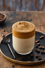 Dalgona coffee or whipped instant coffee. Dalgon coffee is a trendy drink from Korea. New popular food and drink trend.