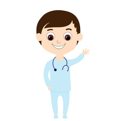 Happy boy in doctor clothes waving hello. Cute and friendly child for illustrations of medical themes for kids in a children's style. Illustrations of the types of profession for kids.