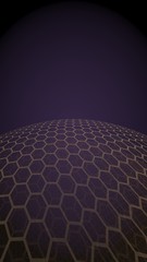 Multilayer sphere of honeycombs, purple on a dark background, social network, computer network, technology, global network. 3D illustration