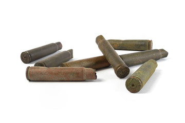 old used weapon shells from the second world war. rusty, moss, on a white background. isolate