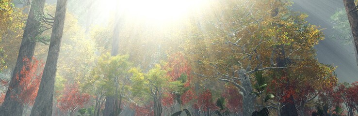 Forest in the fog in autumn, morning in the autumn forest, trees in the haze, trees in the sunlight, 3D rendering