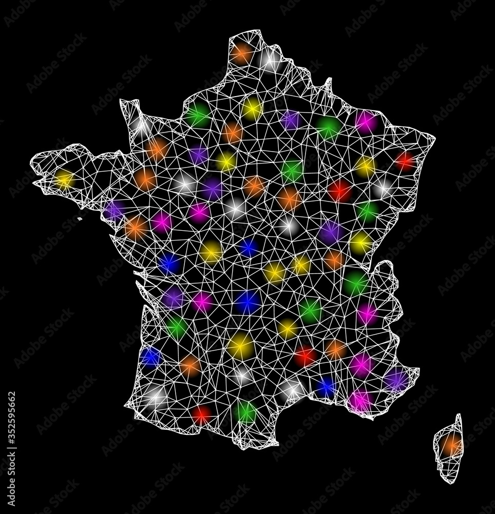 Poster web mesh vector map of france with glare effect on a black background. abstract lines, light spots a