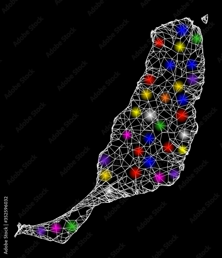 Aufkleber web mesh vector map of fuerteventura island with glare effect on a black background. abstract lines,