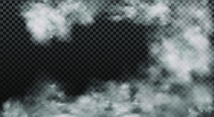 White vector cloudiness ,fog or smoke on dark checkered background.Cloudy sky or smog over the city.Vector illustration.