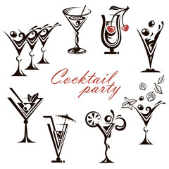 collection of different cocktail glasses isolated on white background