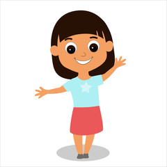 Little adorable girl smiles and waves her hand. The child has brown hair and eyes, a square haircut, the girl is wearing a blue shirt and a red skirt. Illustration isolated on white background.