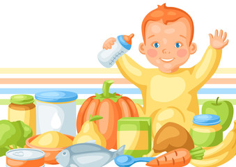 Background with cute little baby and food items.
