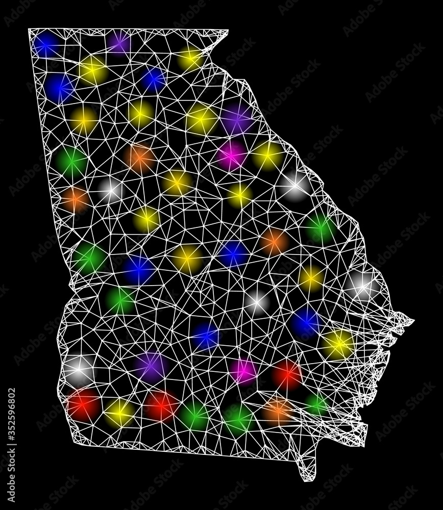 Poster web mesh vector map of georgia state with glitter effect on a black background. abstract lines, ligh