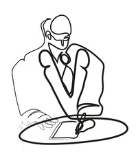 One continuous line drawing of man in job interview.
One line drawing of man test writing.

