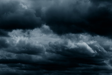 Stormy rain big fluffy clouds. Dark sky. Natural scenic abstract background. Weather changes backdrop. Sky filled with voluminous clouds.