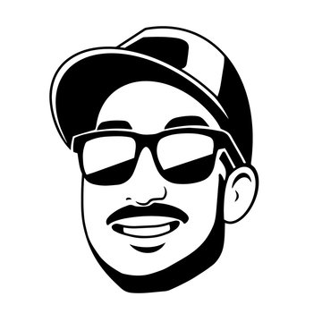 BLACK-WHITE LOGO MAN IN BLACK GLASSES AND CAP. USED ​​FOR PRINTING BUSINESS T-SHIRTS AND T-SHIRT DESIGN
