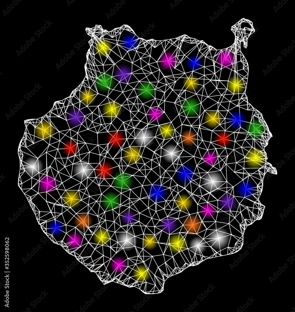 Aufkleber web mesh vector map of gran canaria with flare effect on a black background. abstract lines, light s