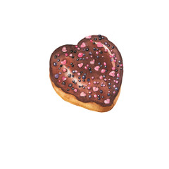 Chocolate heart donut with chocolate sprinkles isolated on white background. Hand drawn watercolor illustration.