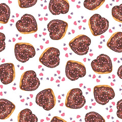 Seamless pattern with chocolate heart sugar donuts and pink and lilac sprinkles on white background. Hand drawn watercolor illustration.