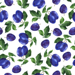 Seamless pattern with blue plum branches and green leaves on white background. Hand drawn watercolor illustration.