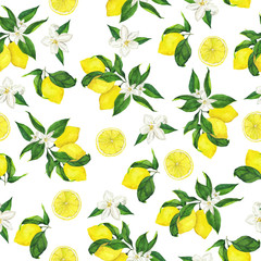 Seamless pattern with fresh lemons, green leaves and white flowers. Hand drawn watercolor illustration.