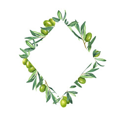 Green olives decorative frame isolated on white background. Hand drawn watercolor illustration.
