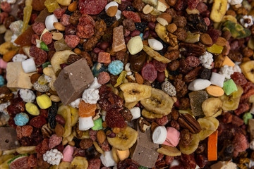 dried fruits, nuts. juchela sold in a dried fruit store