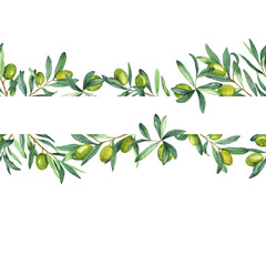 Seamless border with green olive branches and leaves on white background. Hand drawn watercolor illustration.