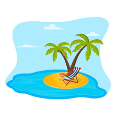 Illustration of an island on it palm trees a deck chair and a cocktail.