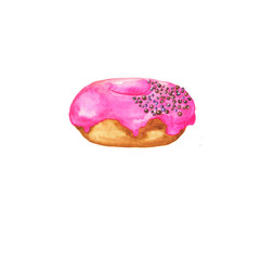 Cute pink berry donut with chocolate sprinkles isolated on white background. Hand drawn watercolor illustration.