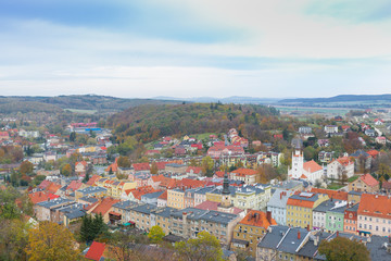 Polska, dolny Śląsk, Bolków, widok na fragment miasteczka z góry, z lotu ptaka © Joanna