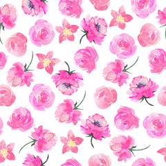 Seamless pattern with abstract roses and peony flowers on white background. Hand drawn watercolor illustration.