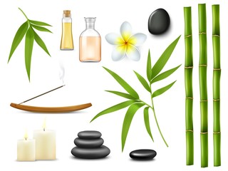 Obraz na płótnie Canvas Spa and massage salon relax treatments. Isolated vector aromatherapy oil, realistic bamboo sticks and leaves, frangipani flower. Stones pile and burning candles, wellness spa therapy massage