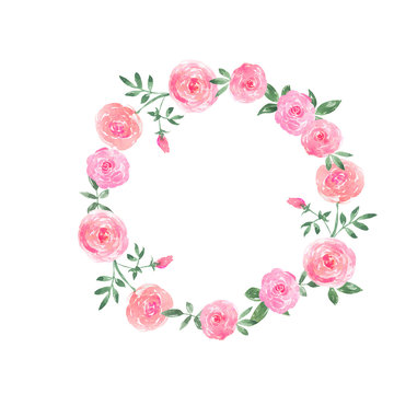 Doodle pink rose flowers and green leaves frame on white background. Hand drawn watercolor illustration.