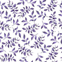 Seamless pattern with decorative violet branches with leaves on white background. Hand drawn watercolor illustration.