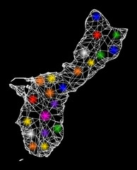 Fototapeta na wymiar Web mesh vector map of Guam Island with glare effect on a black background. Abstract lines, light spots and circle dots form map of Guam Island constellation.