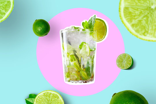 Creative Collage Of Glass With Mojito With Lime Slices And Limes on Bright Pink and Vivid Blue Geometric Background