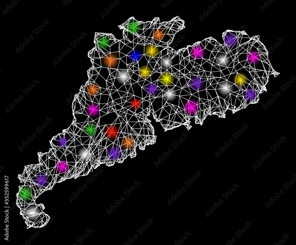 Poster web mesh vector map of guangdong province with glare effect on a black background. abstract lines, l