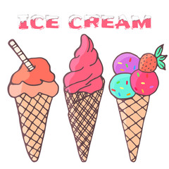 Hand drawn doodle sketch set of colorful ice creams horn, waffle cone, strawberry. Summer sweet illustration isolated on white background. Vector icon for greeting card, invitation, recipe, sticker