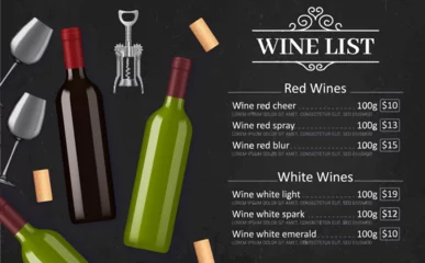 Fotobehang Wine list vector menu template of red and white grape alcohol drinks. Bottles, glasses, corks and corkscrew on black chalkboard background with vintage vignette. Winery, restaurant or bar wine list © Vector Tradition