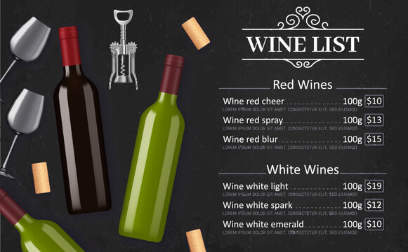 Wine list vector menu template of red and white grape alcohol drinks. Bottles, glasses, corks and corkscrew on black chalkboard background with vintage vignette. Winery, restaurant or bar wine list