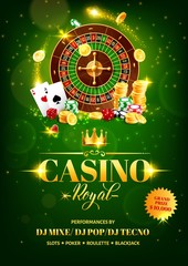 Casino gambling games vector flyer with roulette wheel, chips and dice, poker playing cards, gold coins and crown, decorated by golden sparkles. Game of chance and gambling club event poster design