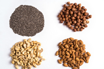 Top view collection of nuts for health, fitness and vitality.