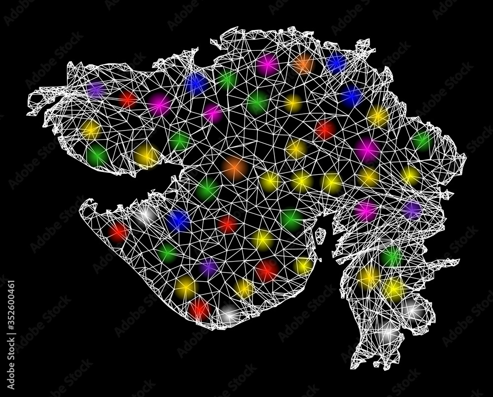 Poster web mesh vector map of gujarat state with glare effect on a black background. abstract lines, light 