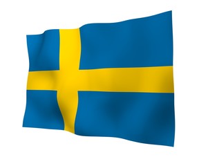 The flag of Sweden. Official state symbol of the Kingdom of Sweden. A blue field with a yellow Scandinavian cross that extends to the edges of the flag. 3d illustration