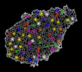 Web mesh vector map of Hainan Island with glare effect on a black background. Abstract lines, light spots and dots form map of Hainan Island constellation.