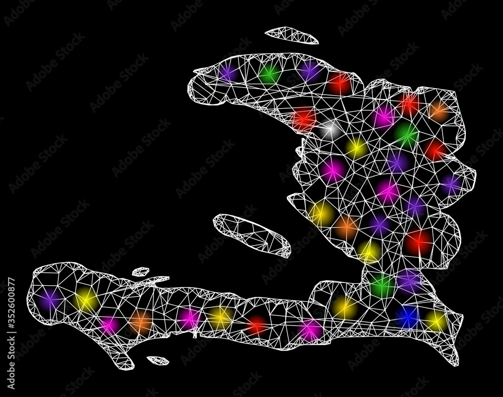Poster web mesh vector map of haiti with flare effect on a black background. abstract lines, light spots an
