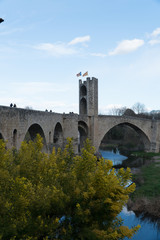 puente medieval con cielo azul y reflejo sobre el agua del rio que pasa por debajo en besalu
