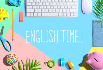 English time theme with office supplies and a computer keyboard
