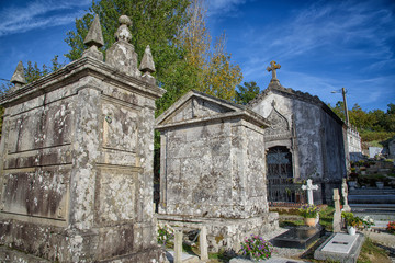 Fototapeta premium Pantheons and stone crosses, in the cemetery of Cambados, Rias Bajas, Pontevedra, Galicia, Spain, Europe.