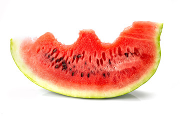 Slice of bitten watermelon on white background